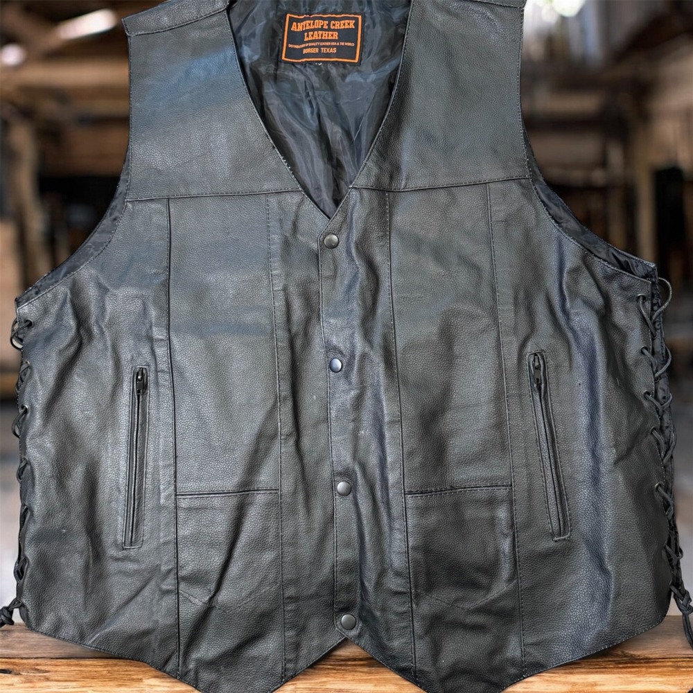 Antelope Creek‎ Leather Motorcycle Vest Mens XXL Lace-Up Sides Zipper Pockets
